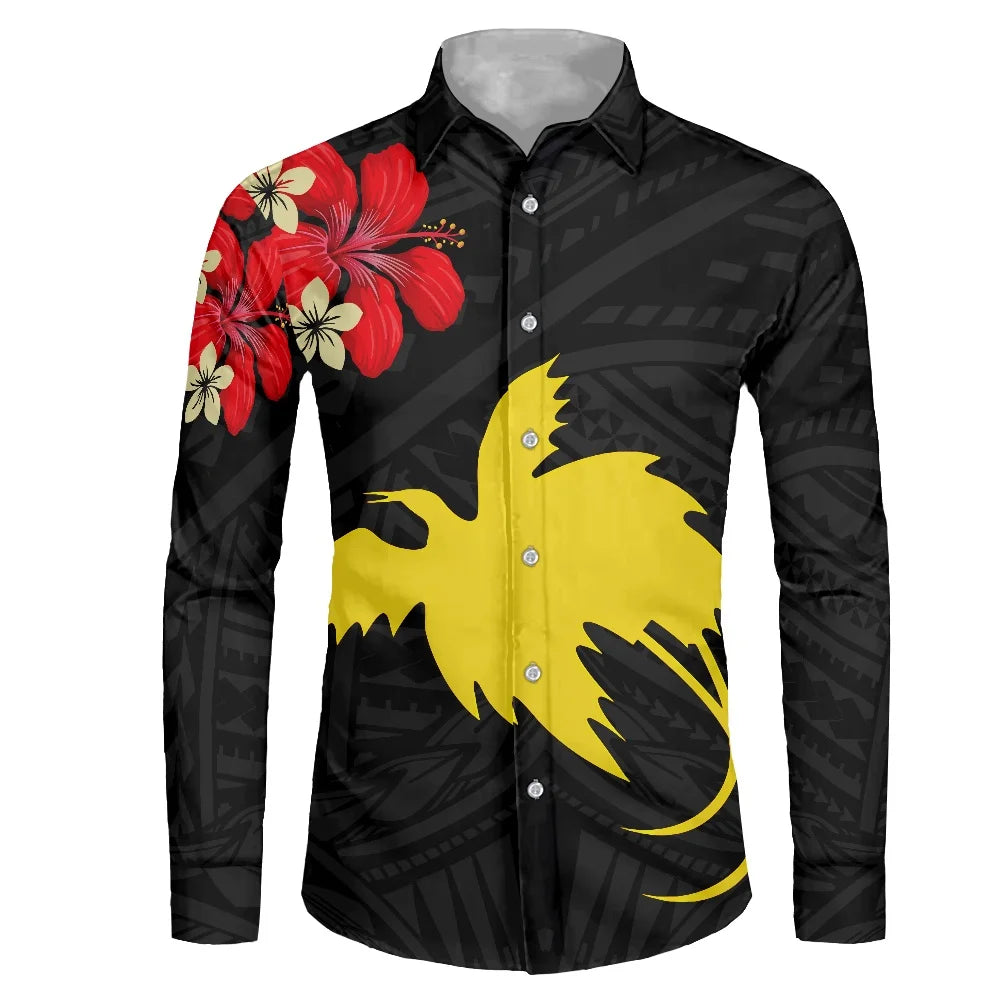 Long Sleeve Shirts for Men Casual Papua New Guinea Flag Pattern Shirt Mens Clothing Customized Plus Size Button up Gym Shirts