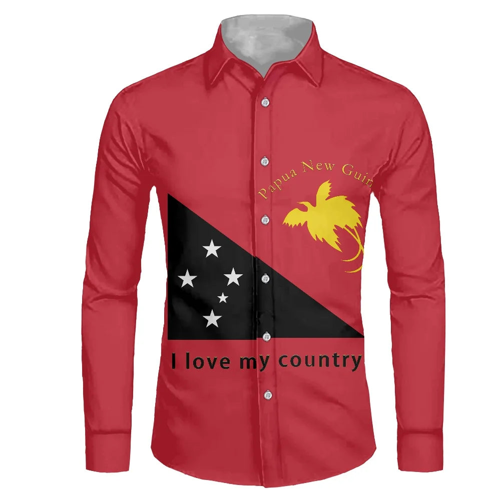 Long Sleeve Shirts for Men Casual Papua New Guinea Flag Pattern Shirt Mens Clothing Customized Plus Size Button up Gym Shirts