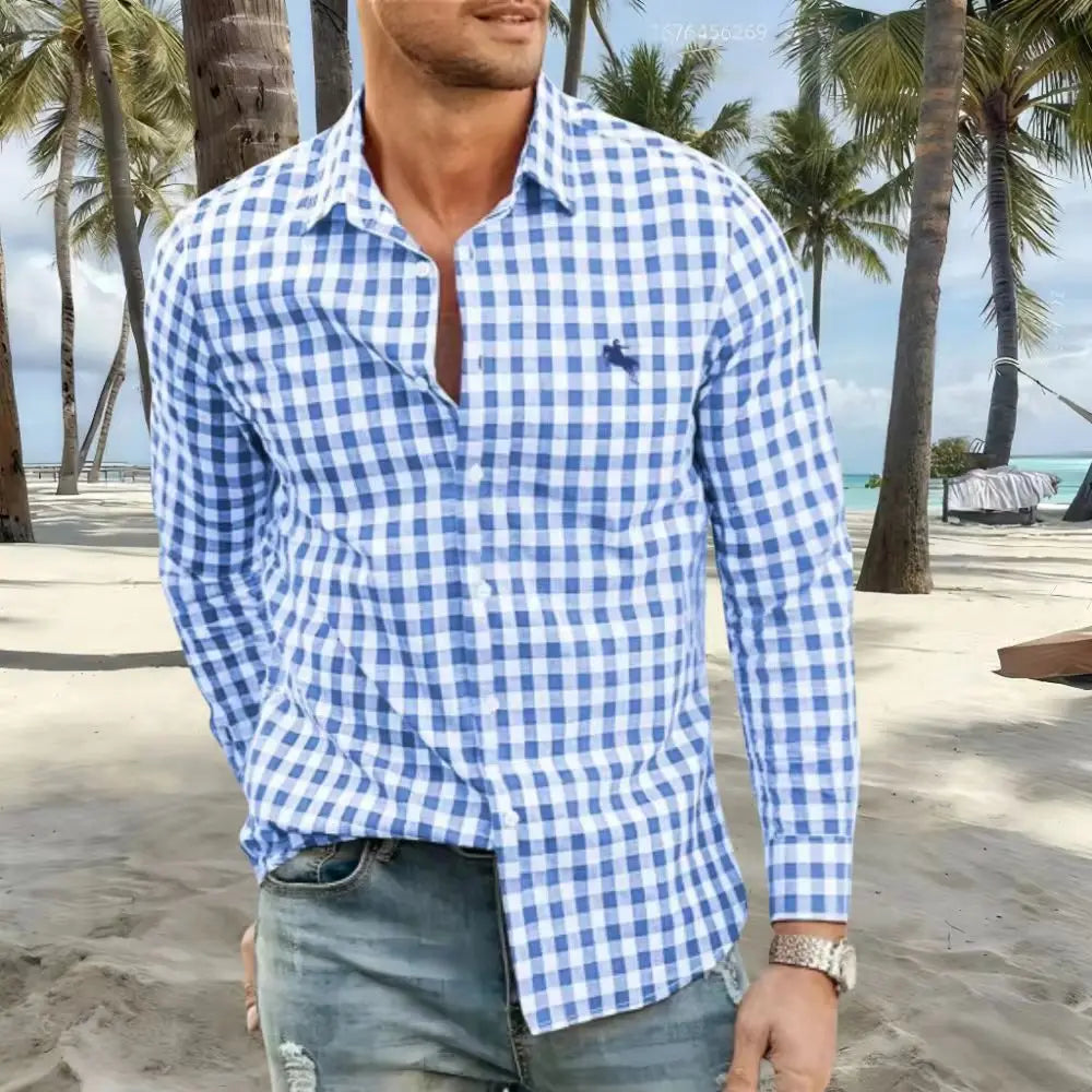 New men's shirts are available in striped and checked styles, with various colors to choose from. This casual long-sleeved shirt