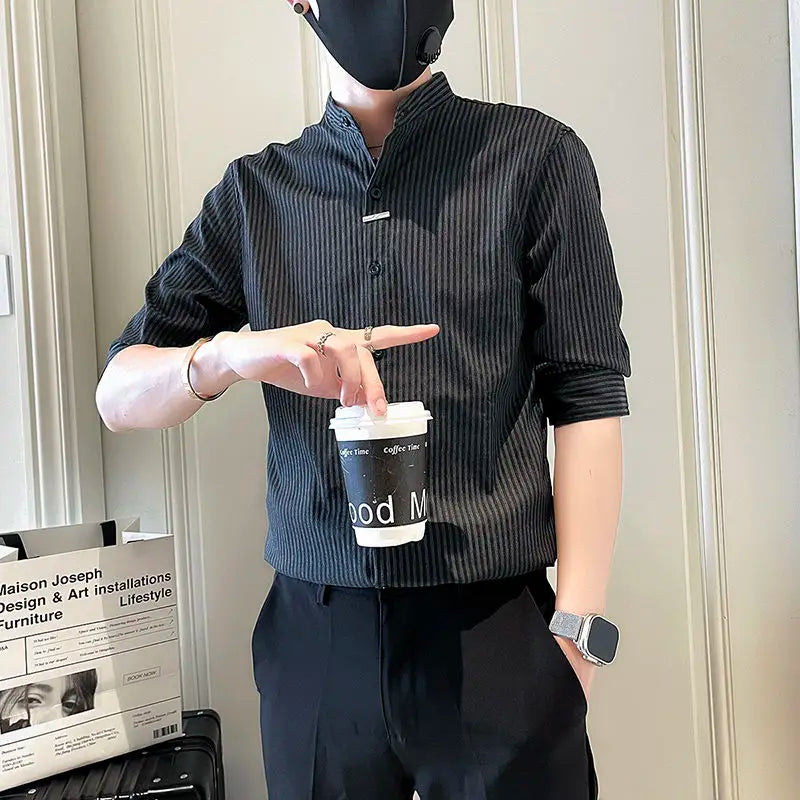 Striped Shirt 2025 New Men Summer Casual Thin Stand-up Collar Cardigan Five-sleeved Top