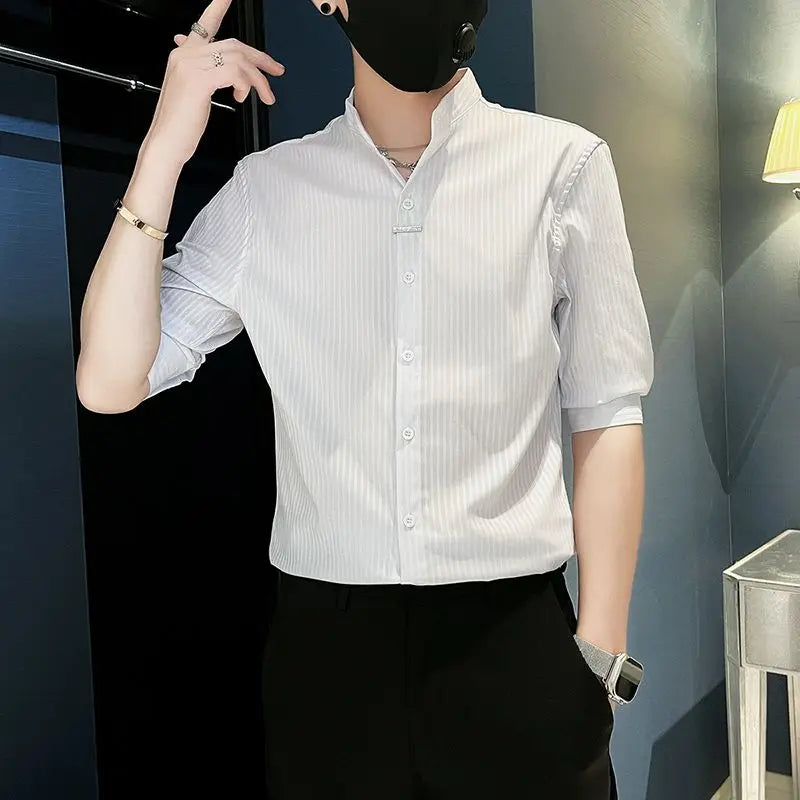 Striped Shirt 2025 New Men Summer Casual Thin Stand-up Collar Cardigan Five-sleeved Top