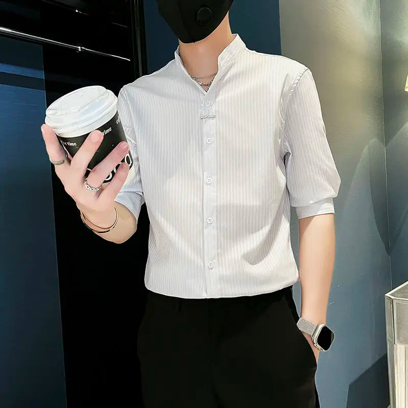 Striped Shirt 2025 New Men Summer Casual Thin Stand-up Collar Cardigan Five-sleeved Top