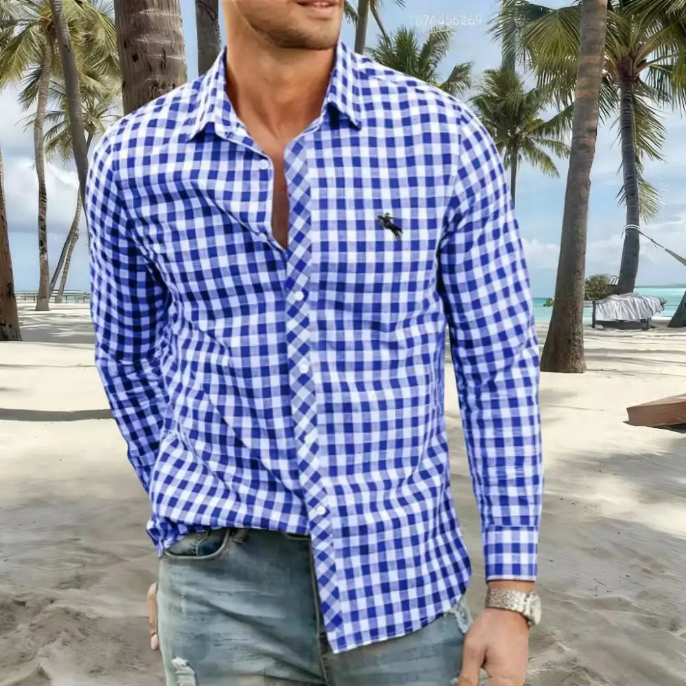 New men's shirts are available in striped and checked styles, with various colors to choose from. This casual long-sleeved shirt