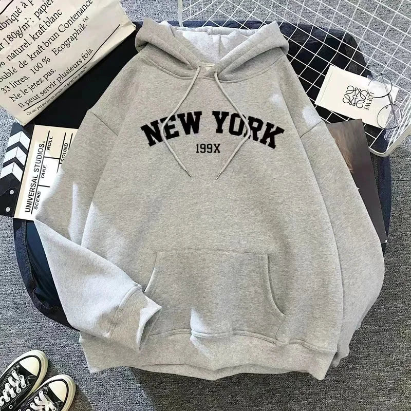 Hoodie Europe and America Sweatshirts for Women New York Letter y2k Autumn Winter Oversized Plus Velvet Casual Loose Fleece Tops