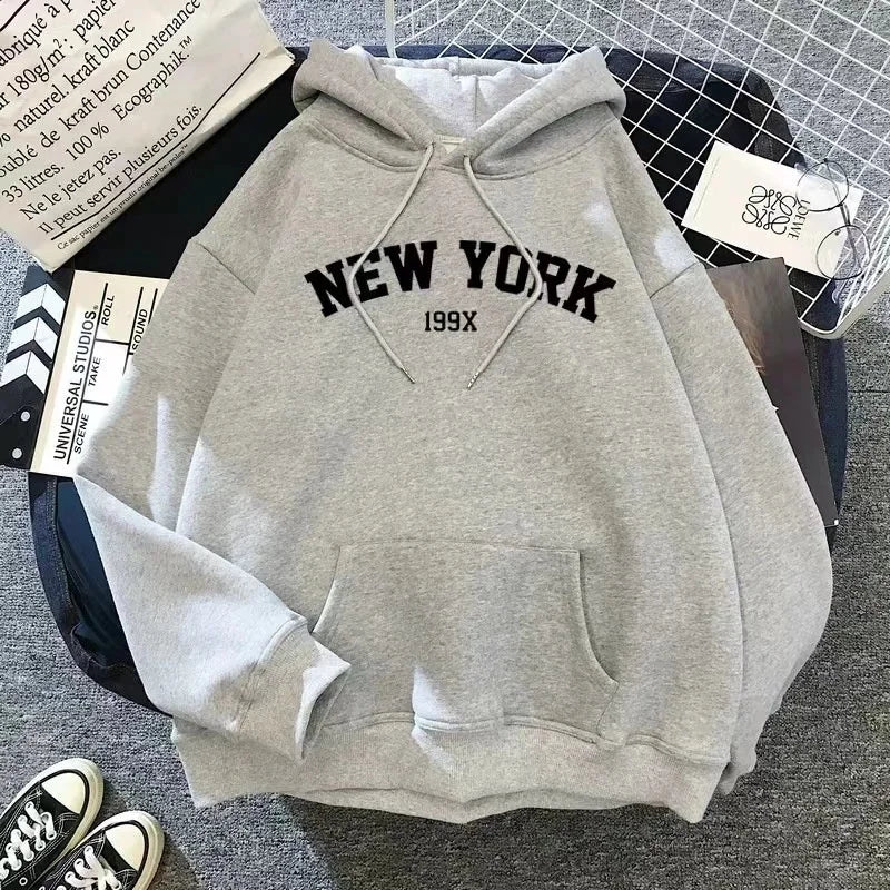 Hoodie Europe and America Sweatshirts for Women New York Letter Y2k Autumn Winter Oversized Plus Velvet Casual Loose Fleece Tops