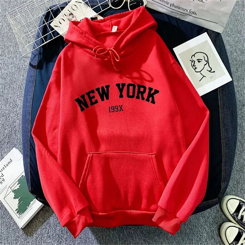 Hoodie Europe and America Sweatshirts for Women New York Letter Y2k Autumn Winter Oversized Plus Velvet Casual Loose Fleece Tops