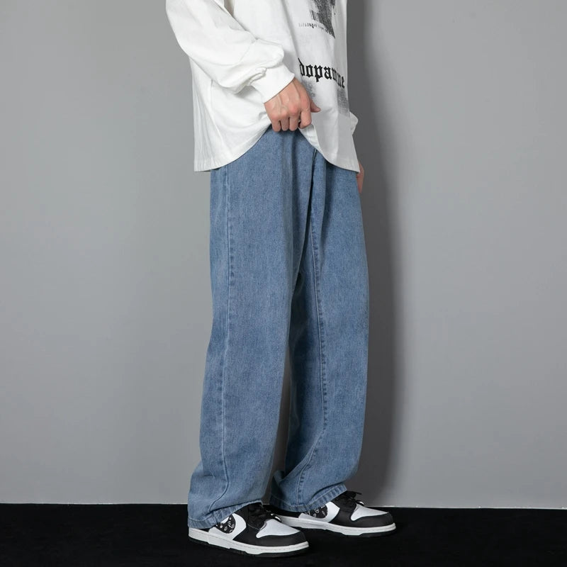 2026 New Korean Men's Casual Long Jeans Classic Man Straight Denim Wide-leg Pants Solid Color Light Blue Grey Black