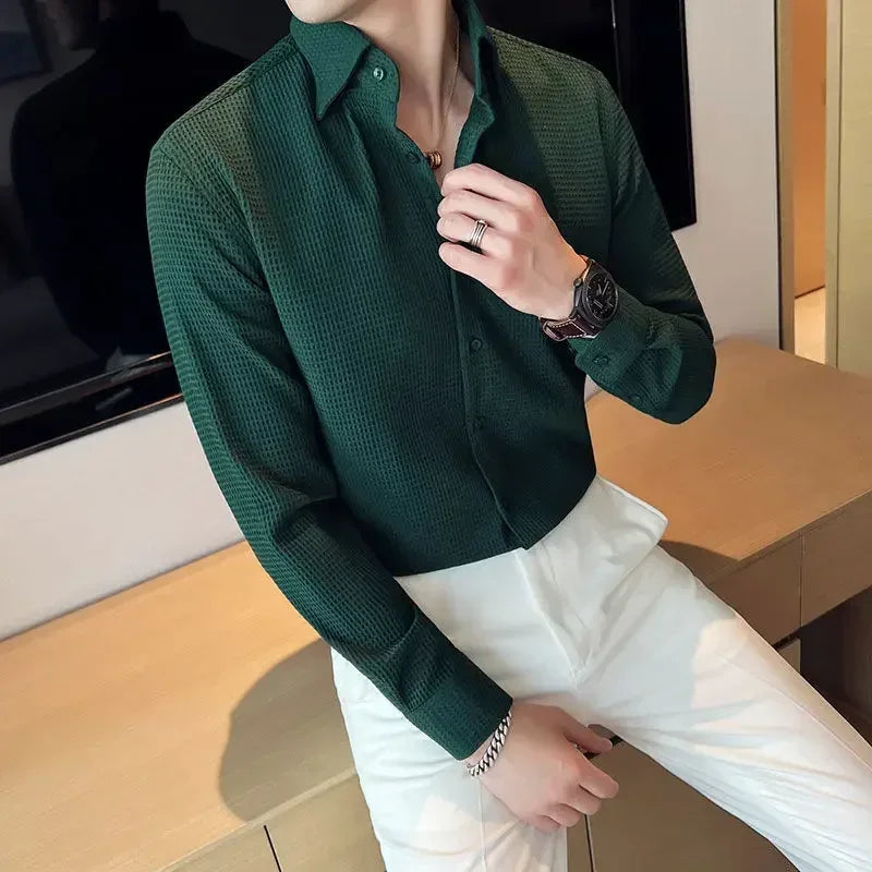 Male Shirts Green Plain Men's Shirt Business Waffle Designer Fashion 2025 Hipster Regular Elegant Slim Fit Cheap Brand Social I