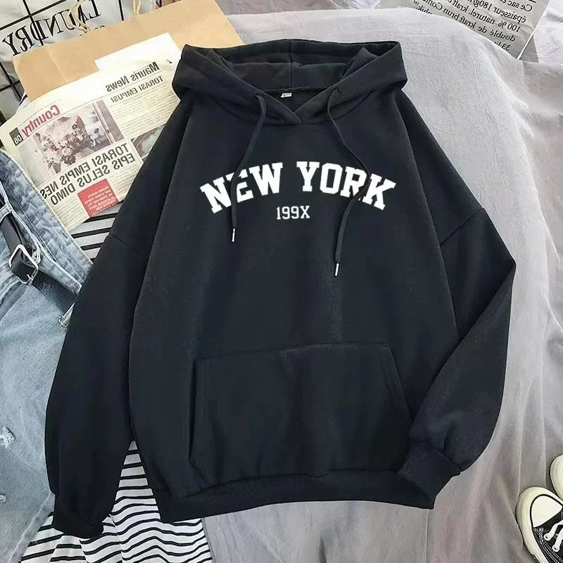 Hoodie Europe and America Sweatshirts for Women New York Letter Y2k Autumn Winter Oversized Plus Velvet Casual Loose Fleece Tops