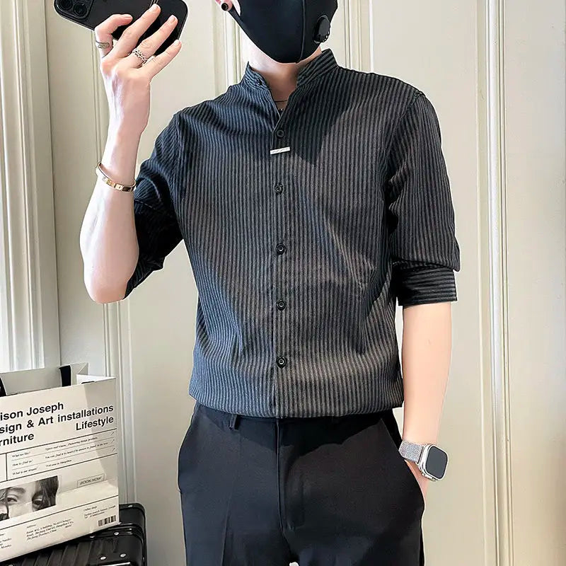 Striped Shirt 2025 New Men Summer Casual Thin Stand-up Collar Cardigan Five-sleeved Top