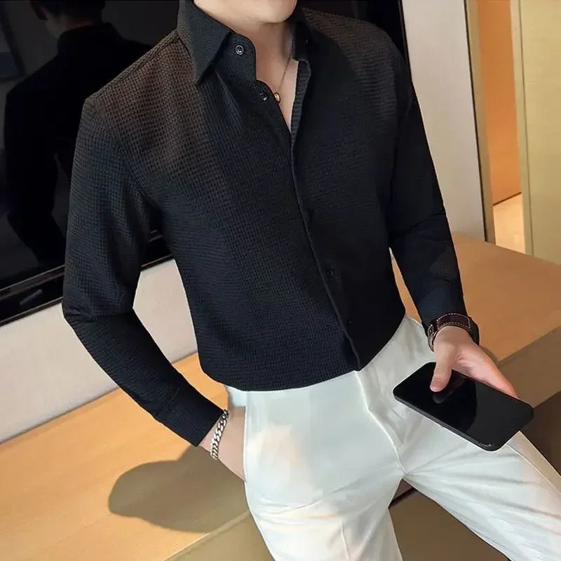 Male Shirts Green Plain Men's Shirt Business Waffle Designer Fashion 2025 Hipster Regular Elegant Slim Fit Cheap Brand Social I
