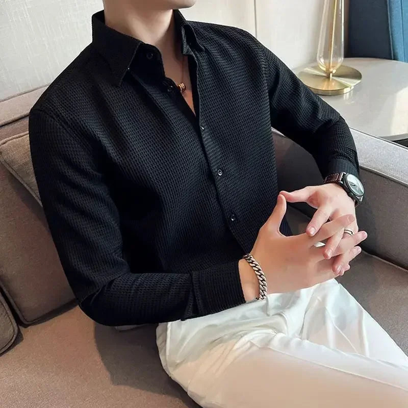 Male Shirts Green Plain Men's Shirt Business Waffle Designer Fashion 2025 Hipster Regular Elegant Slim Fit Cheap Brand Social I