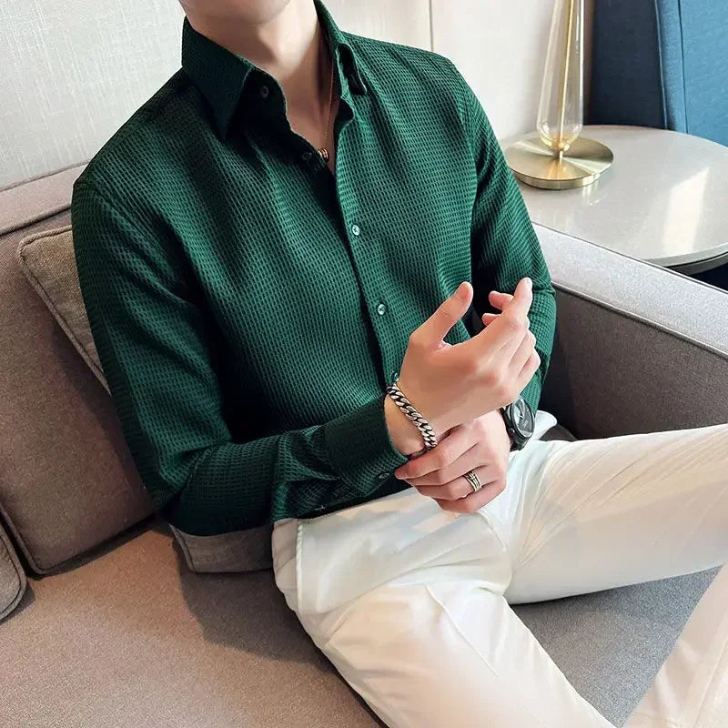 Male Shirts Green Plain Men's Shirt Business Waffle Designer Fashion 2025 Hipster Regular Elegant Slim Fit Cheap Brand Social I