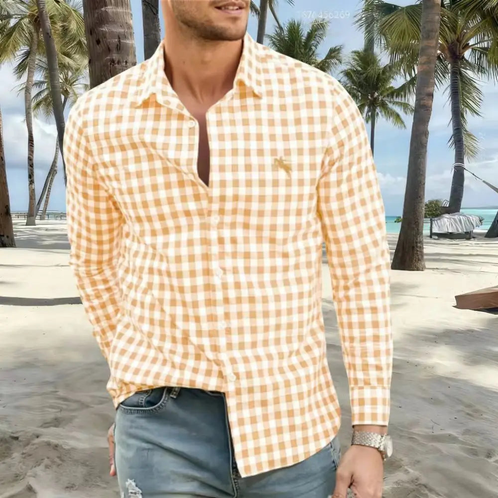 New men's shirts are available in striped and checked styles, with various colors to choose from. This casual long-sleeved shirt