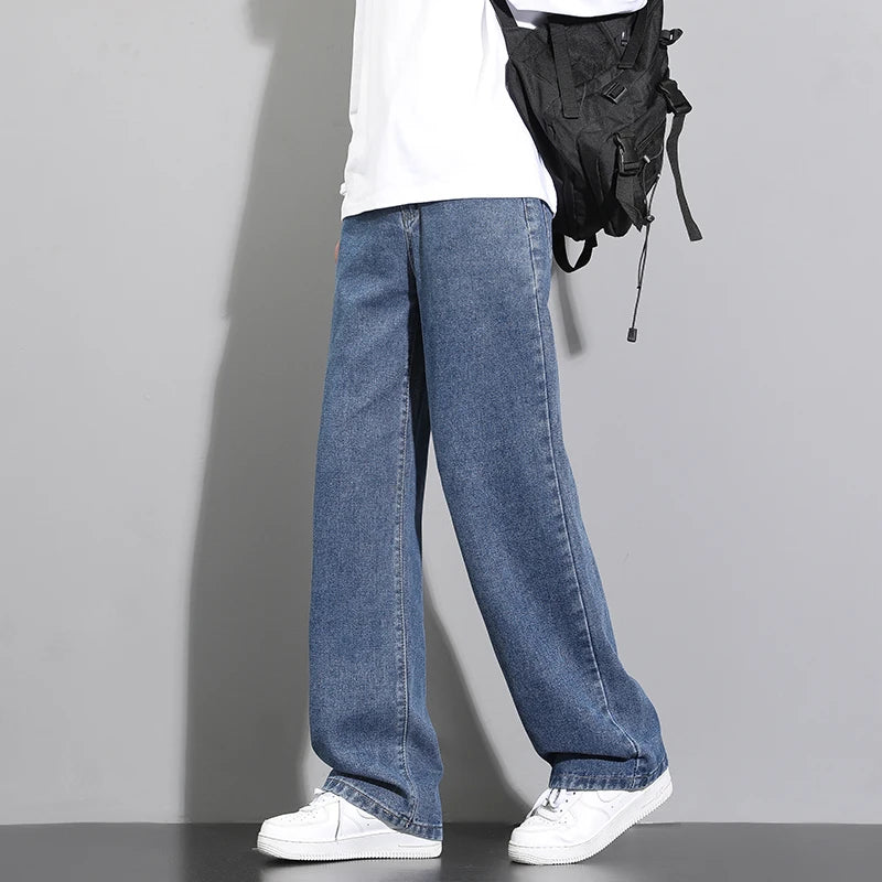 2026 New Korean Men's Casual Long Jeans Classic Man Straight Denim Wide-leg Pants Solid Color Light Blue Grey Black