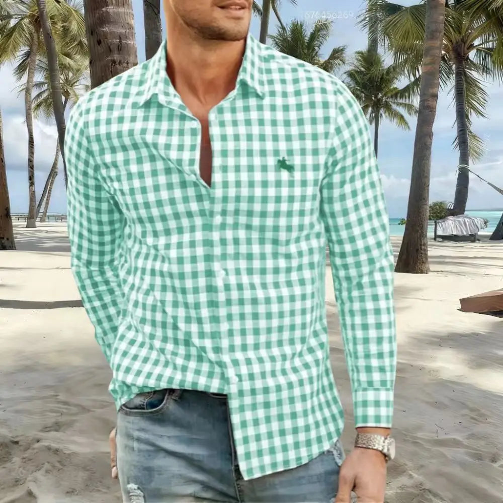 New men's shirts are available in striped and checked styles, with various colors to choose from. This casual long-sleeved shirt