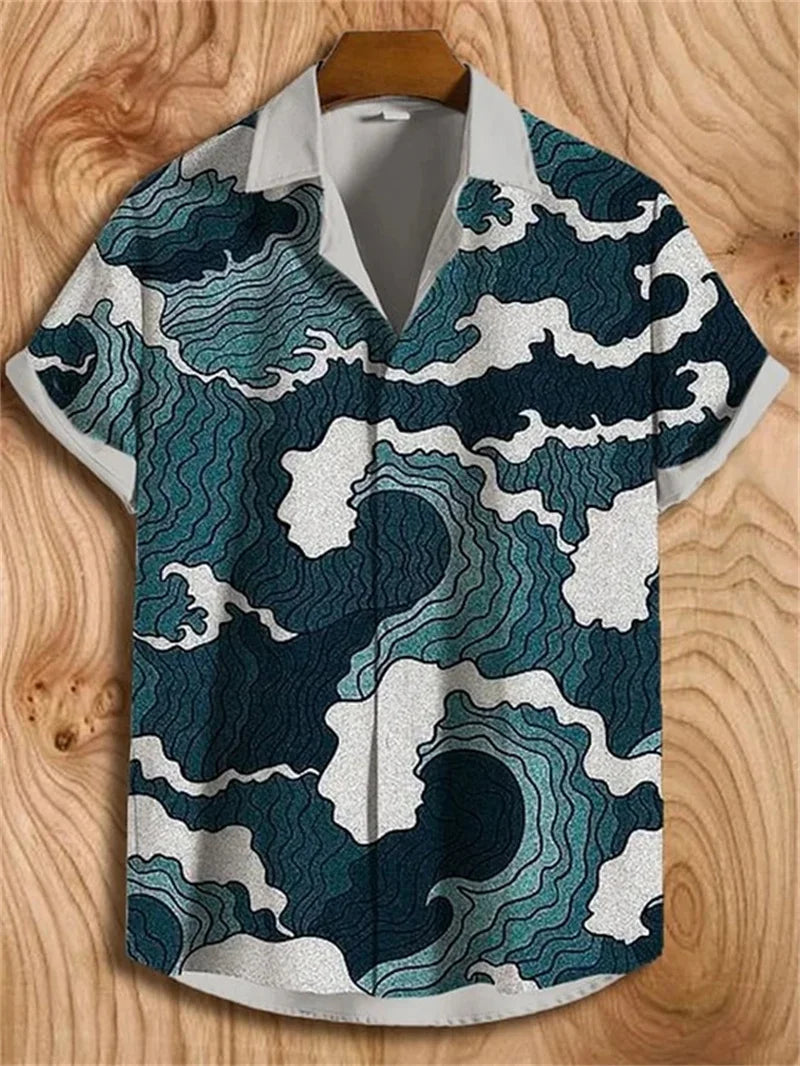 Men's shirt, small fish eating big fish, fashionable and casual, slim fit, Hawaiian men