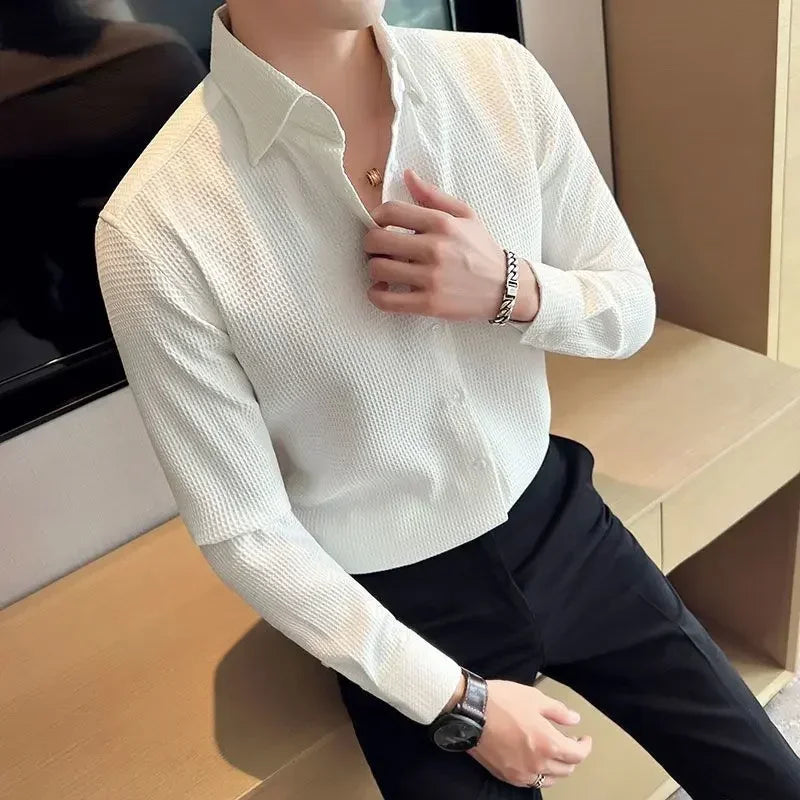 Male Shirts Green Plain Men's Shirt Business Waffle Designer Fashion 2025 Hipster Regular Elegant Slim Fit Cheap Brand Social I